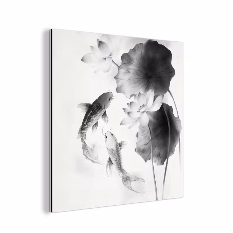 Lotusbloemen - Vissen - Bladeren - Zwart aluminium wit klein -3d