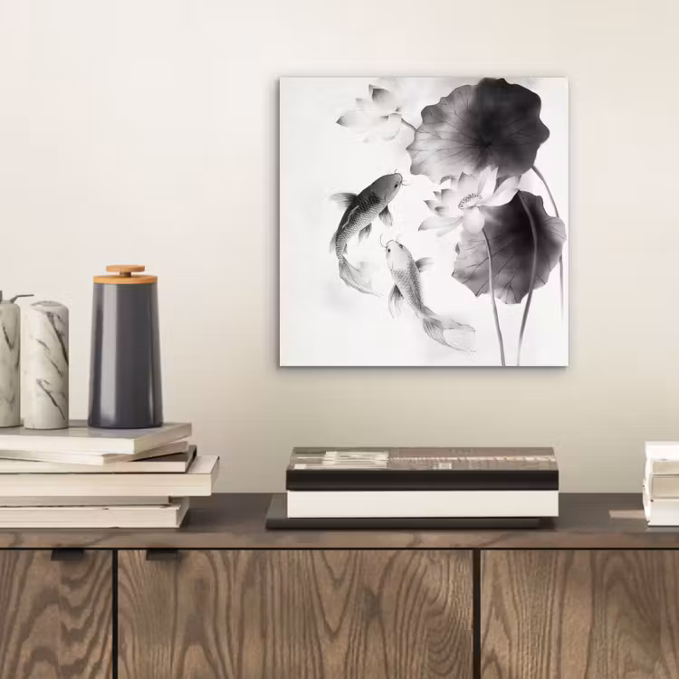 Lotusbloemen - Vissen - Bladeren - Zwart aluminium wit klein -sfeer1