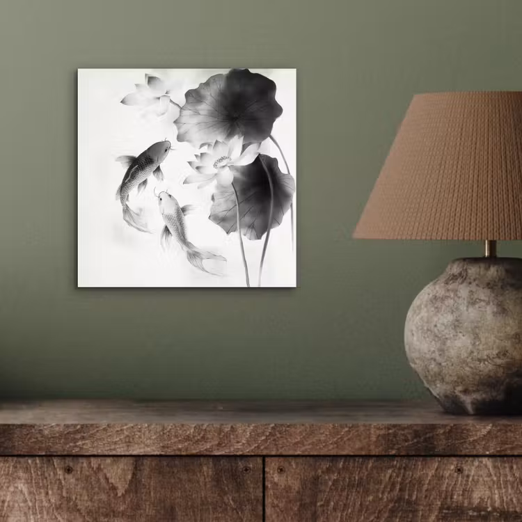 Lotusbloemen - Vissen - Bladeren - Zwart aluminium wit klein -sfeer2