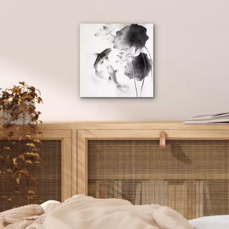 Lotusbloemen - Vissen - Bladeren - Zwart aluminium wit klein -sfeer3