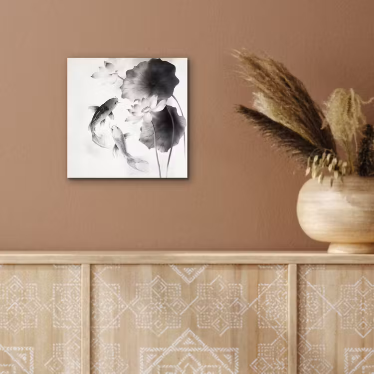 Lotusbloemen - Vissen - Bladeren - Zwart aluminium wit klein -sfeer4