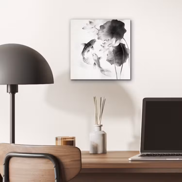 Lotusbloemen - Vissen - Bladeren - Zwart aluminium wit klein -sfeer5