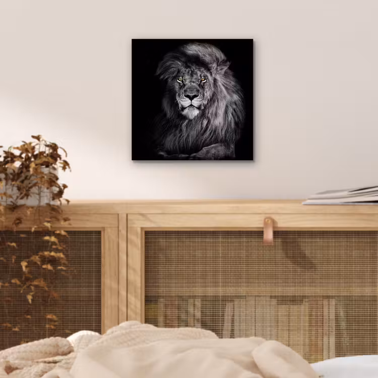 Leeuw - Ogen - Oranje - Zwart wit - Dieren - Portret aluminium wit klein -sfeer3