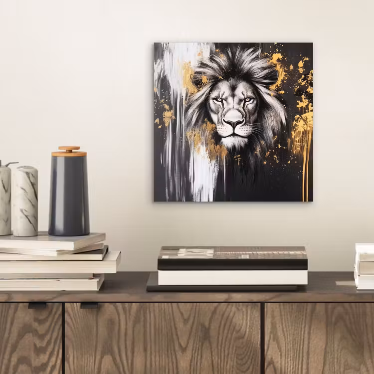 Leeuw - Portret - Verfspatten - Grijs aluminium wit klein -sfeer1