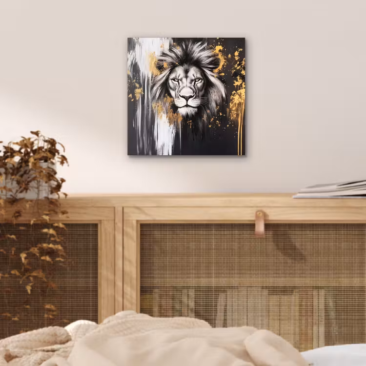 Leeuw - Portret - Verfspatten - Grijs aluminium wit klein -sfeer3