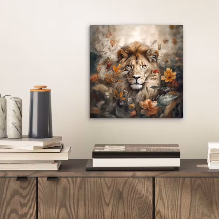 Leeuw - Wilde dieren - Planten - Natuur - Bloemen aluminium wit klein -sfeer1