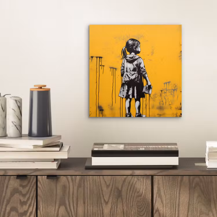 Meisje - Boek - Gele Muur - Graffiti aluminium wit klein -sfeer1