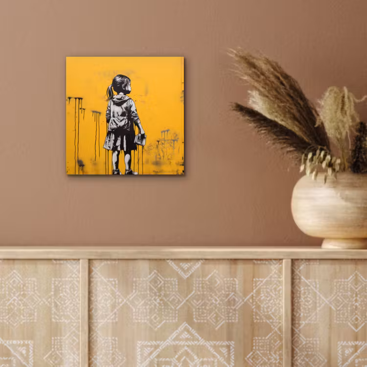 Meisje - Boek - Gele Muur - Graffiti aluminium wit klein -sfeer4