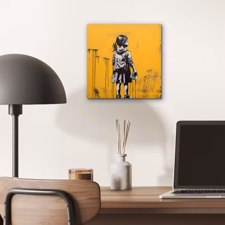 Meisje - Boek - Gele Muur - Graffiti aluminium wit klein -sfeer5