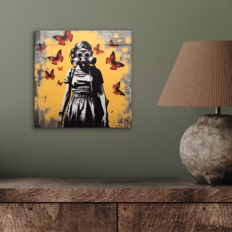 Meisje - Gasmasker - Vlinders - Graffiti aluminium wit klein -sfeer2