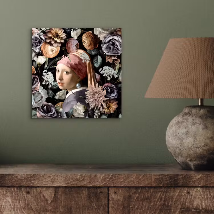 Meisje met de parel - Bloemen - Vermeer - Pastel - Kunstwerk - Schilderij - Oude meesters aluminium wit klein -sfeer2