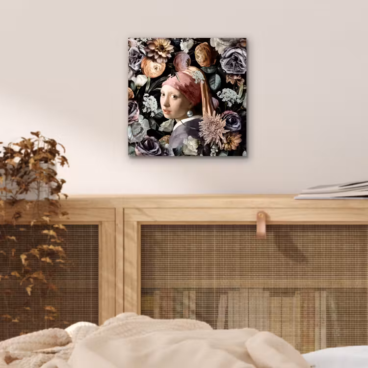 Meisje met de parel - Bloemen - Vermeer - Pastel - Kunstwerk - Schilderij - Oude meesters aluminium wit klein -sfeer3