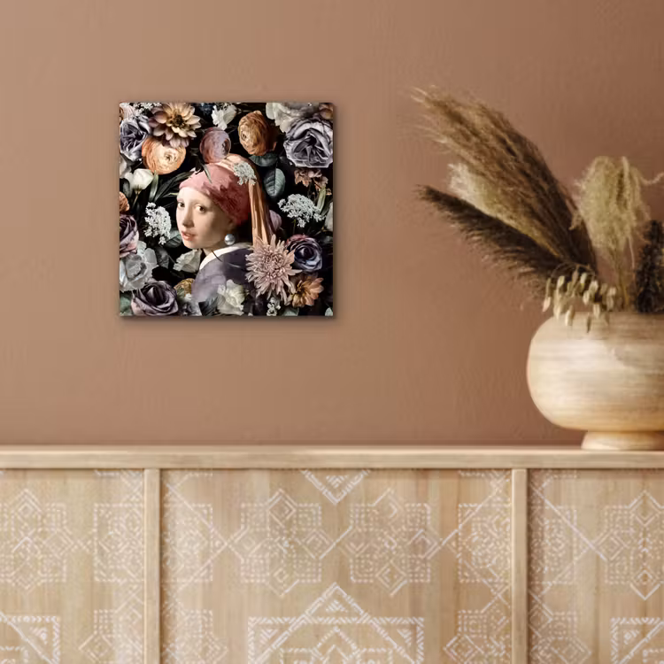 Meisje met de parel - Bloemen - Vermeer - Pastel - Kunstwerk - Schilderij - Oude meesters aluminium wit klein -sfeer4