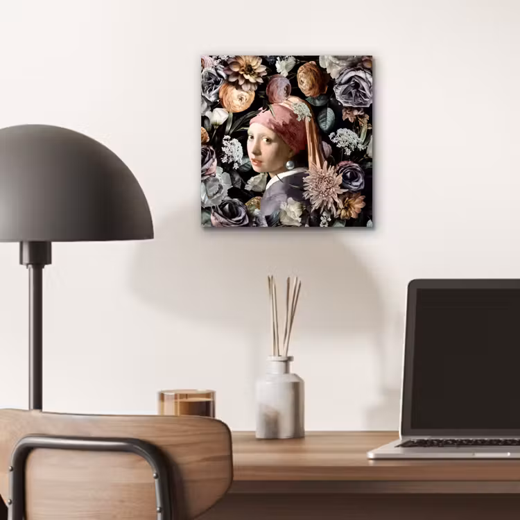 Meisje met de parel - Bloemen - Vermeer - Pastel - Kunstwerk - Schilderij - Oude meesters aluminium wit klein -sfeer5