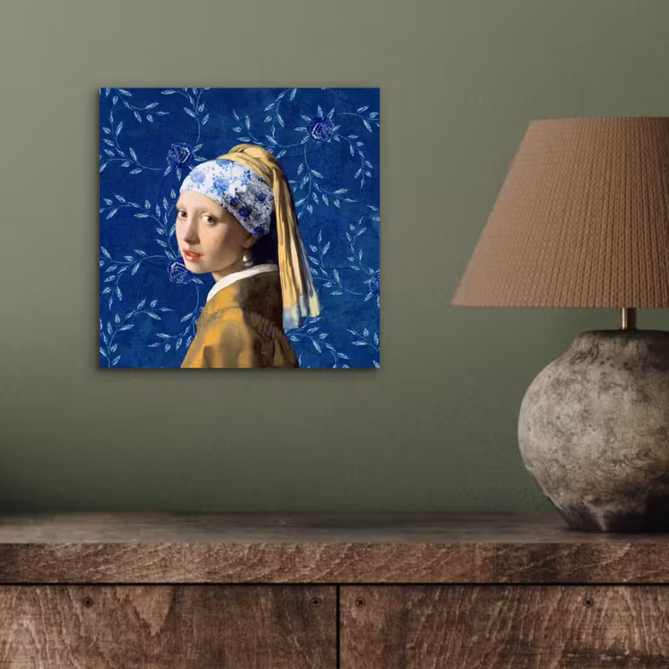 Meisje met de parel - Delfts blauw - Vermeer - Bloemen - Schilderij - Oude meesters aluminium wit klein -sfeer2