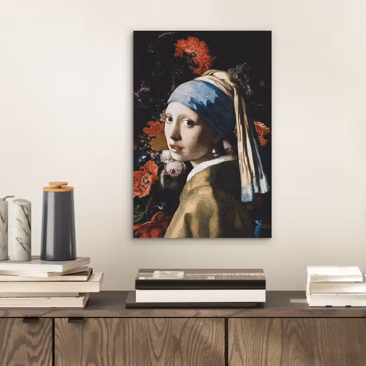 Meisje met de parel - Johannes Vermeer - Bloemen - Rood aluminium wit klein -sfeer1