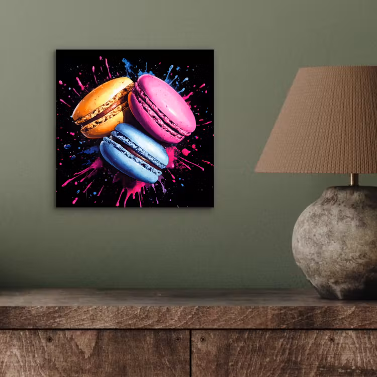 Macarons - Dessert - Graffiti - Kleurrijk - Roze - Blauw - Geel aluminium wit klein -sfeer2