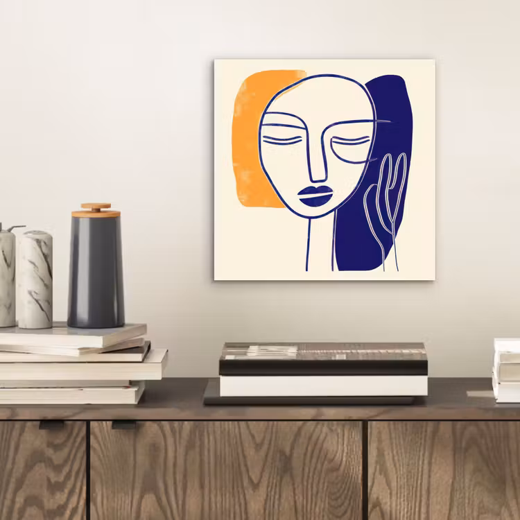 Minimalistisch - Gezicht - Hand - Oranje - Blauw aluminium wit klein -sfeer1