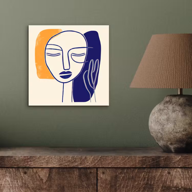 Minimalistisch - Gezicht - Hand - Oranje - Blauw aluminium wit klein -sfeer2