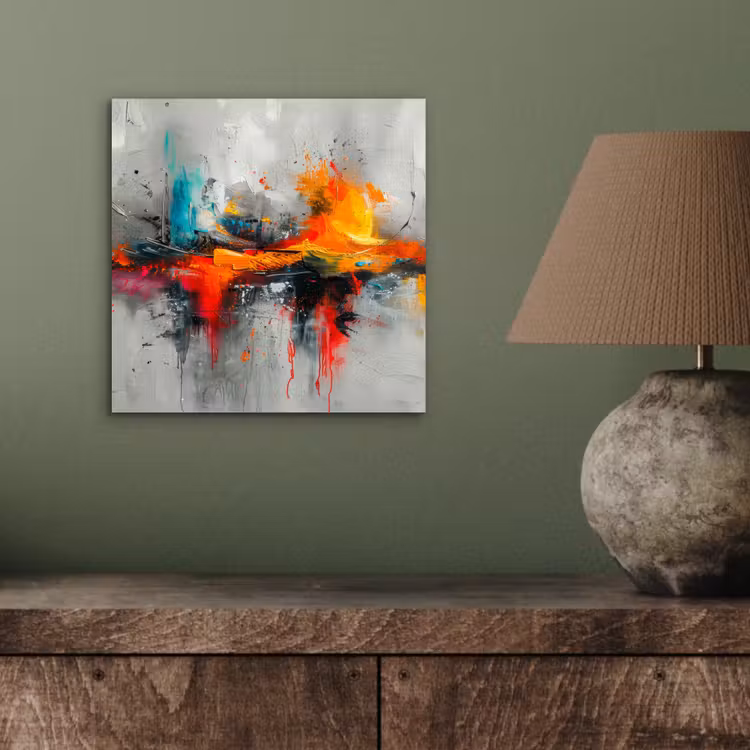 Moderne kunst - Oranje - Grijs - Abstract aluminium wit klein -sfeer2
