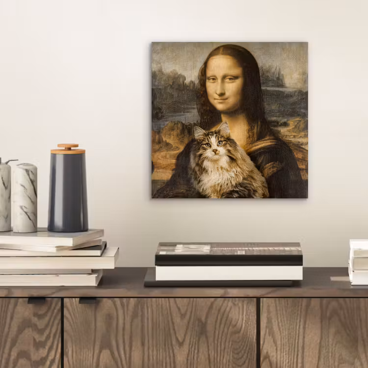 Mona Lisa - Kat - Leonardo da Vinci - Vintage - Kunstwerk - Oude meesters - Schilderij aluminium wit klein -sfeer1
