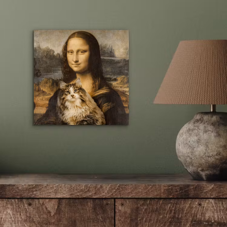 Mona Lisa - Kat - Leonardo da Vinci - Vintage - Kunstwerk - Oude meesters - Schilderij aluminium wit klein -sfeer2