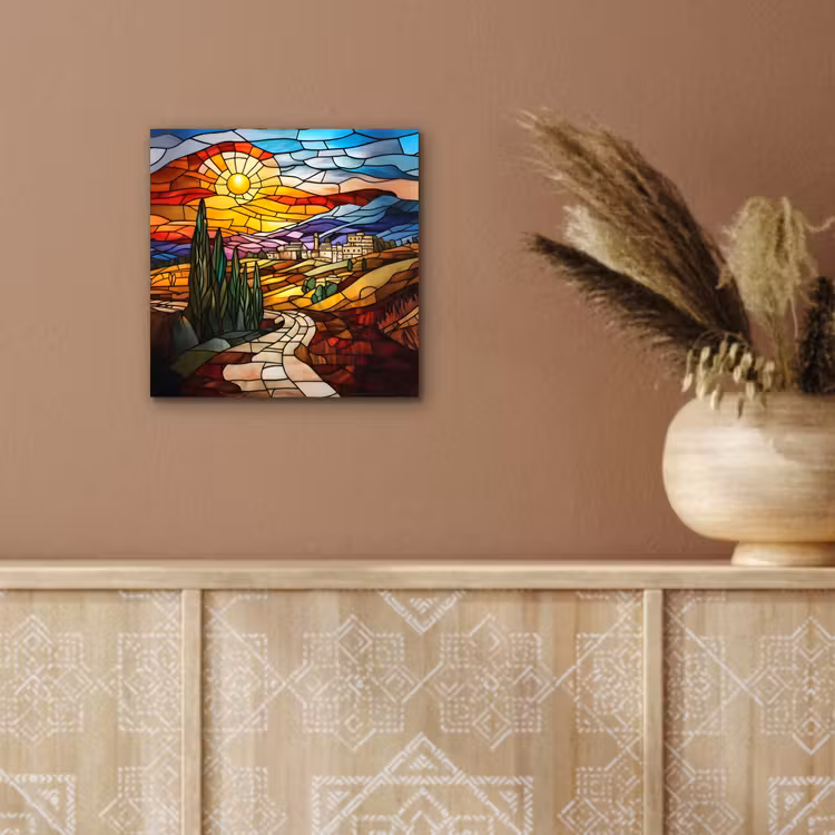 Mozaïek - Zon - Landschap - Dorp aluminium wit klein -sfeer4