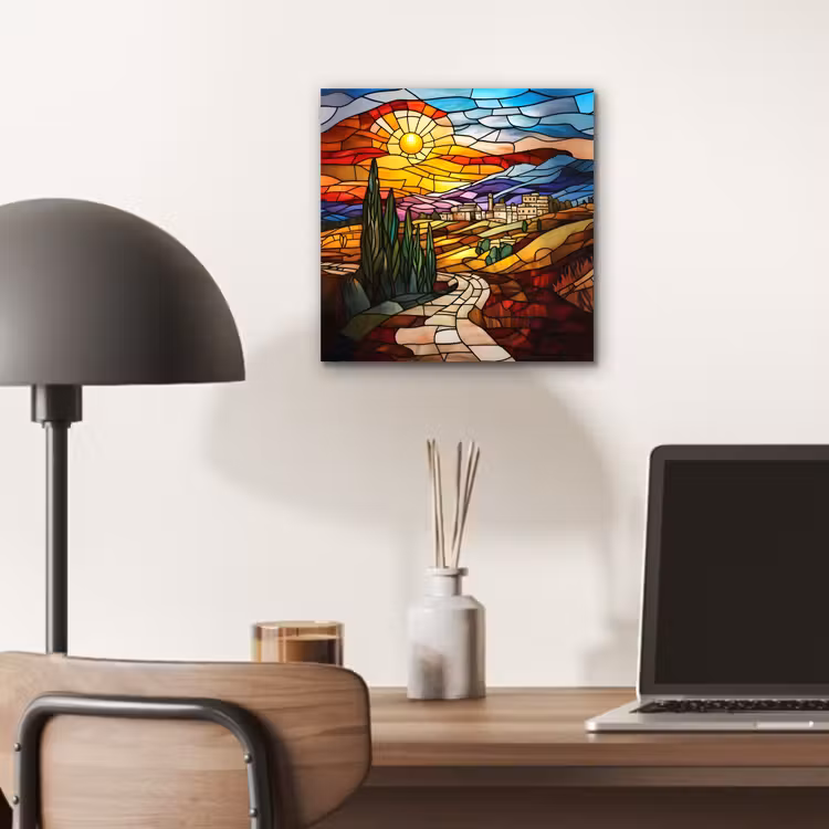 Mozaïek - Zon - Landschap - Dorp aluminium wit klein -sfeer5
