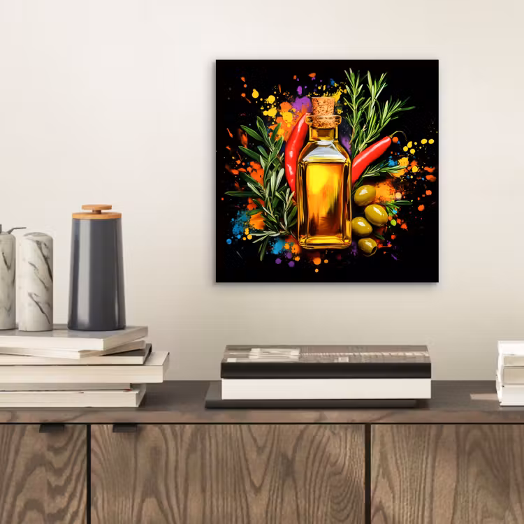 Olijfolie - Graffiti - Peper - Olijven - Modern aluminium wit klein -sfeer1