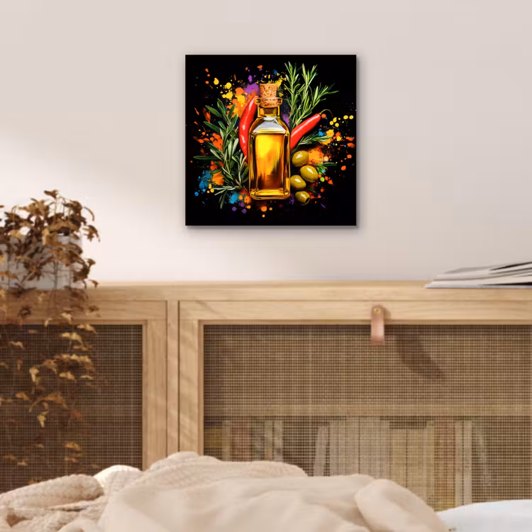 Olijfolie - Graffiti - Peper - Olijven - Modern aluminium wit klein -sfeer3