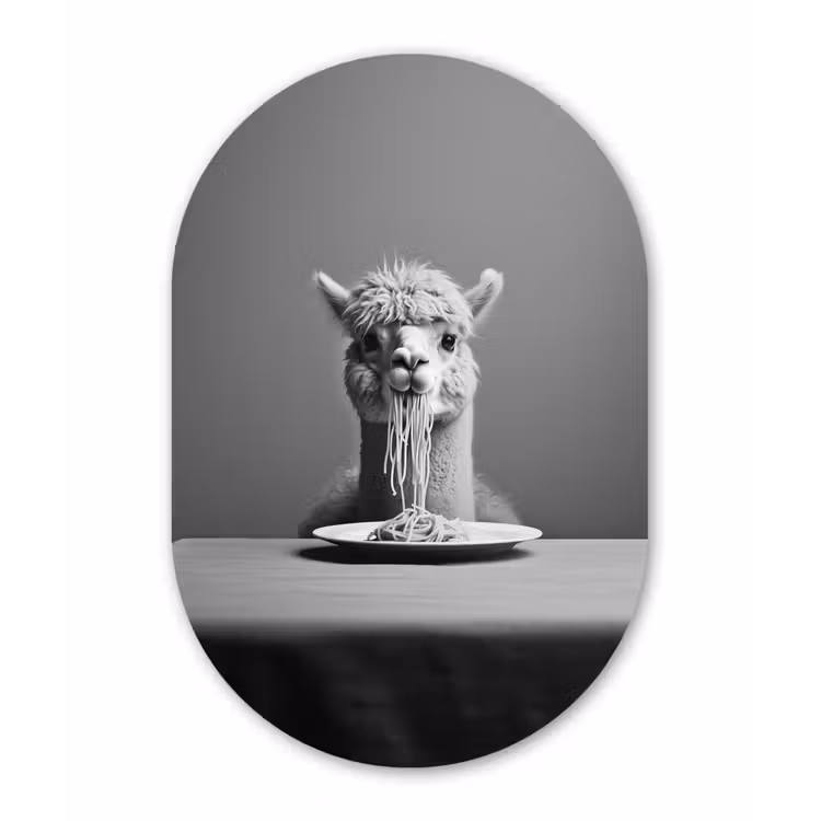 Alpaca - Pasta - Zwart - Wit - Grappig - Dieren Wandcirkel Ovaal Aluminium middel -3d