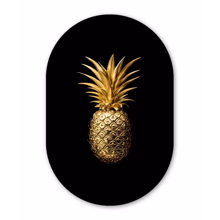 Ananas - Zwart - Goud - Luxe Wandcirkel Ovaal Aluminium middel -3d