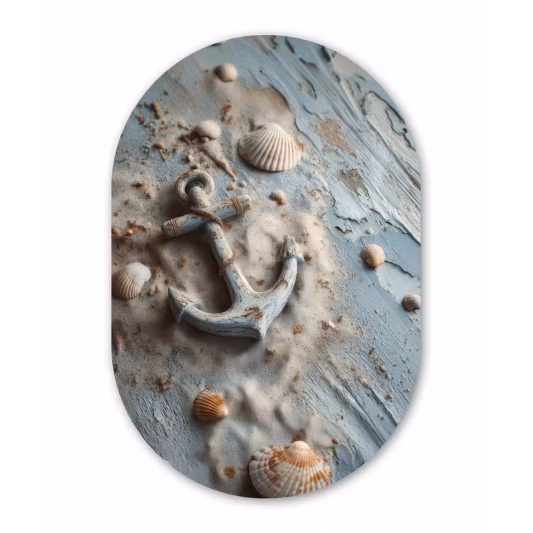 Anker - Hout - Schelpen - Zand Wandcirkel Ovaal Aluminium middel -3d