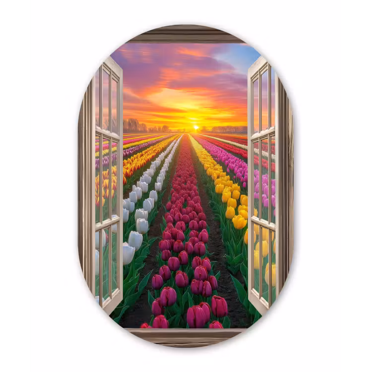 Doorkijk - Bloemen - Tulpen - Kleurrijk - Zonsondergang Wandcirkel Ovaal Aluminium middel -3d