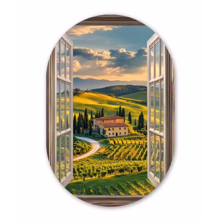 Doorkijk - Toscane - Uitzicht - Landschap - Zomer Wandcirkel Ovaal Aluminium middel -3d