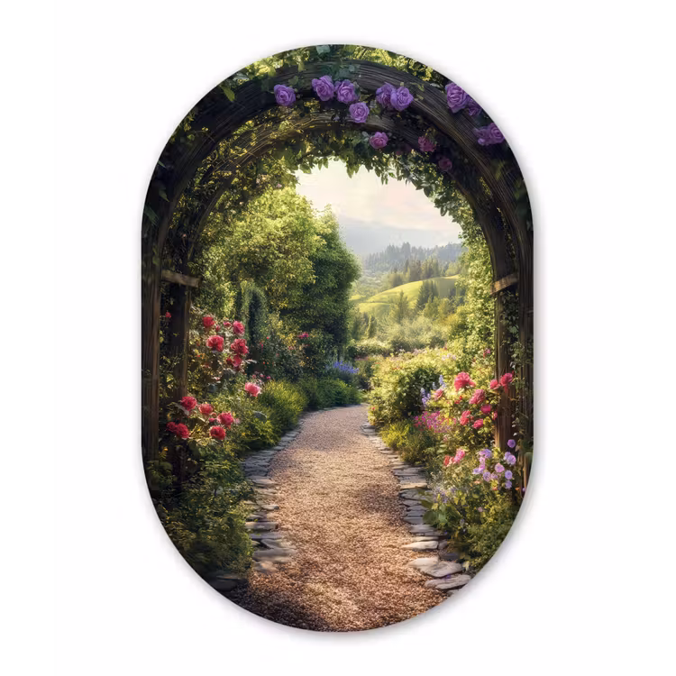 Doorkijk - Landschap - Bloemen - Tuinboog - Natuur Wandcirkel Ovaal Aluminium middel -3d