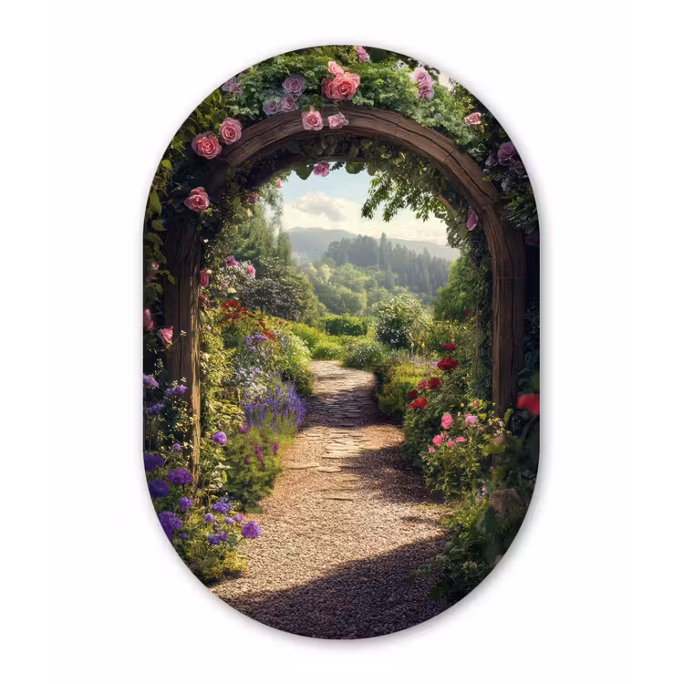 Doorkijk - Landschap - Bloemen - Rozenboog - Natuur Wandcirkel Ovaal Aluminium middel -3d
