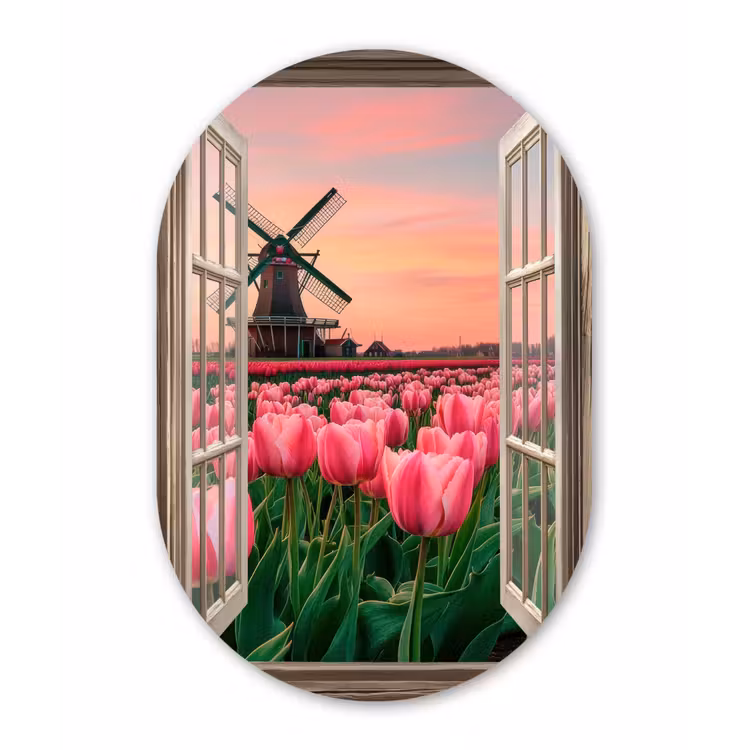 Doorkijk - Tulpen - Bloemen - Molen - Raam Wandcirkel Ovaal Aluminium middel -3d