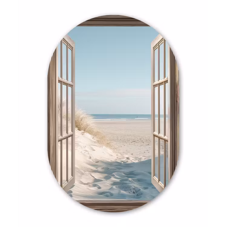 Doorkijk - Helmgras - Duinen - Zee - Landschap Wandcirkel Ovaal Aluminium middel -3d