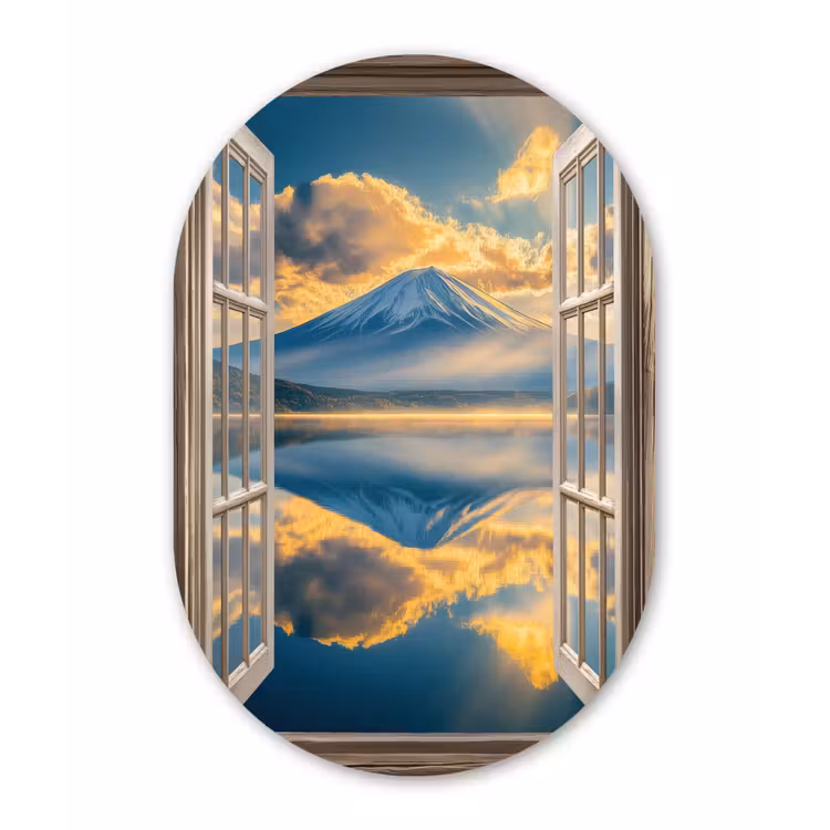 Doorkijk - Landschap - Bergen - Uitzicht - Raam Wandcirkel Ovaal Aluminium middel -3d