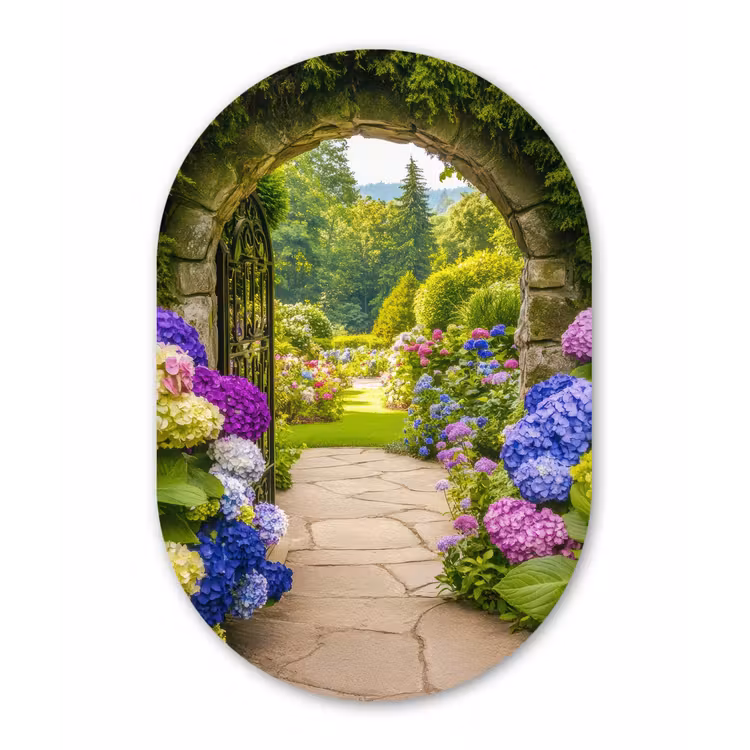 Doorkijk - Poort - Hortensia - Bloementuin Wandcirkel Ovaal Aluminium middel -3d