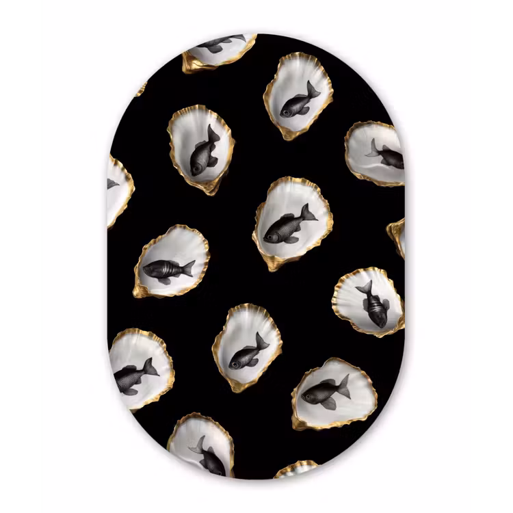 Oesters - Zwart - Vissen - Goud Wandcirkel Ovaal Aluminium middel -3d