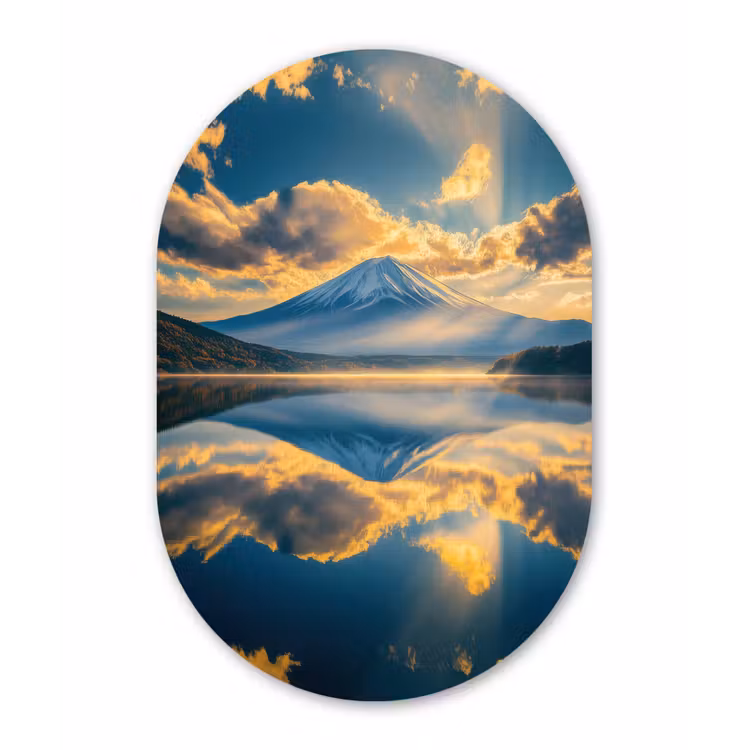Berg - Rivier - Zonsondergang Wandcirkel Ovaal Aluminium middel -3d