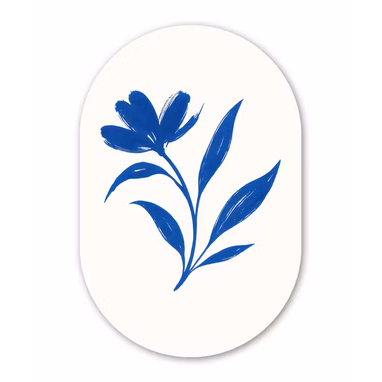 Bloem - Blaadjes - Minimalistisch - Blauw Wandcirkel Ovaal Aluminium middel -3d