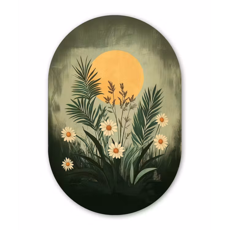 Bloemen - Bladeren - Zon - Groen Wandcirkel Ovaal Aluminium middel -3d