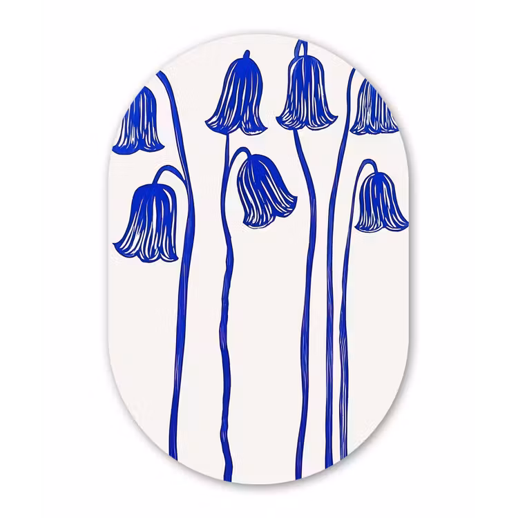 Bloemen - Blauw - Lijnen - Bloemblaadjes Wandcirkel Ovaal Aluminium middel -3d
