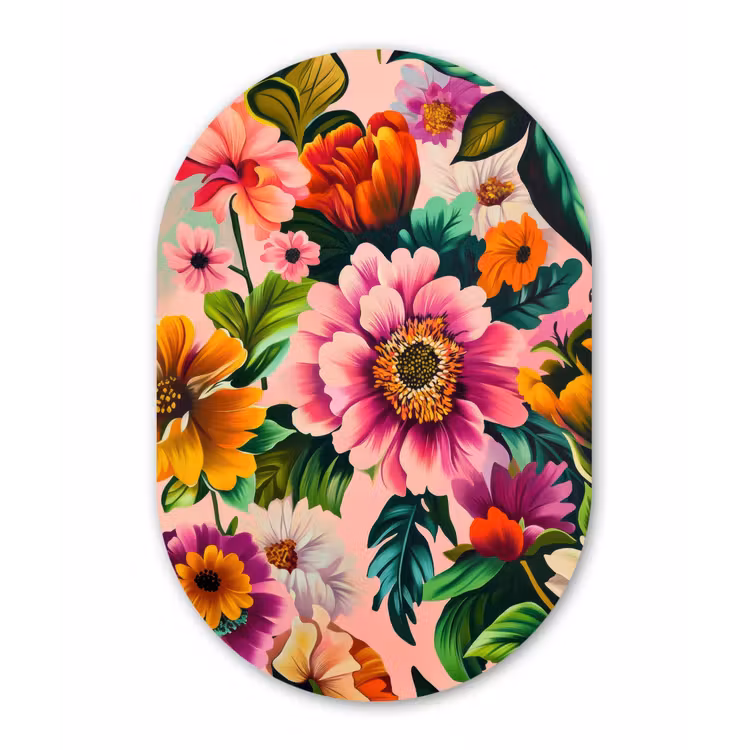 Bloemen - Kleurrijk - Roze Wandcirkel Ovaal Aluminium middel -3d