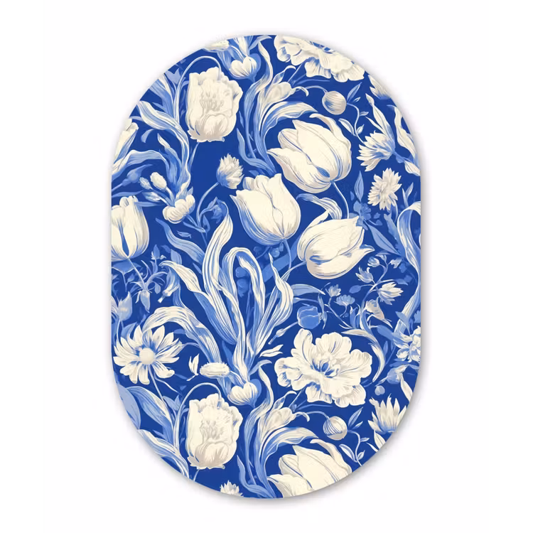 Bloemen - Delfts Blauw - Patroon - Tulp Wandcirkel Ovaal Aluminium middel -3d