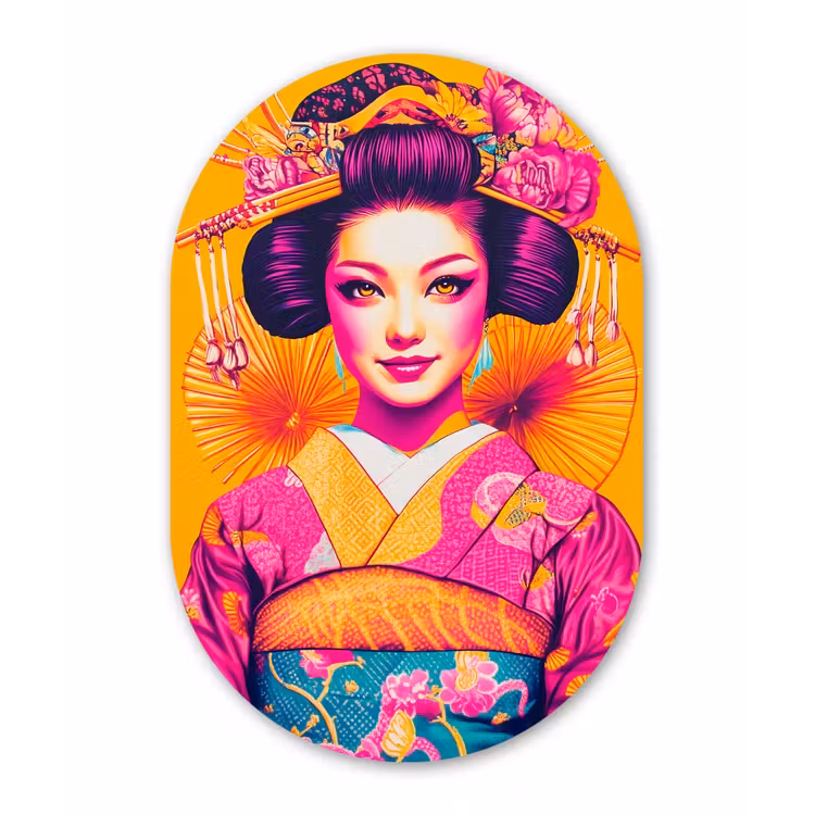 Bloemen - Vrouw - Kimono - Roze Wandcirkel Ovaal Aluminium middel -3d