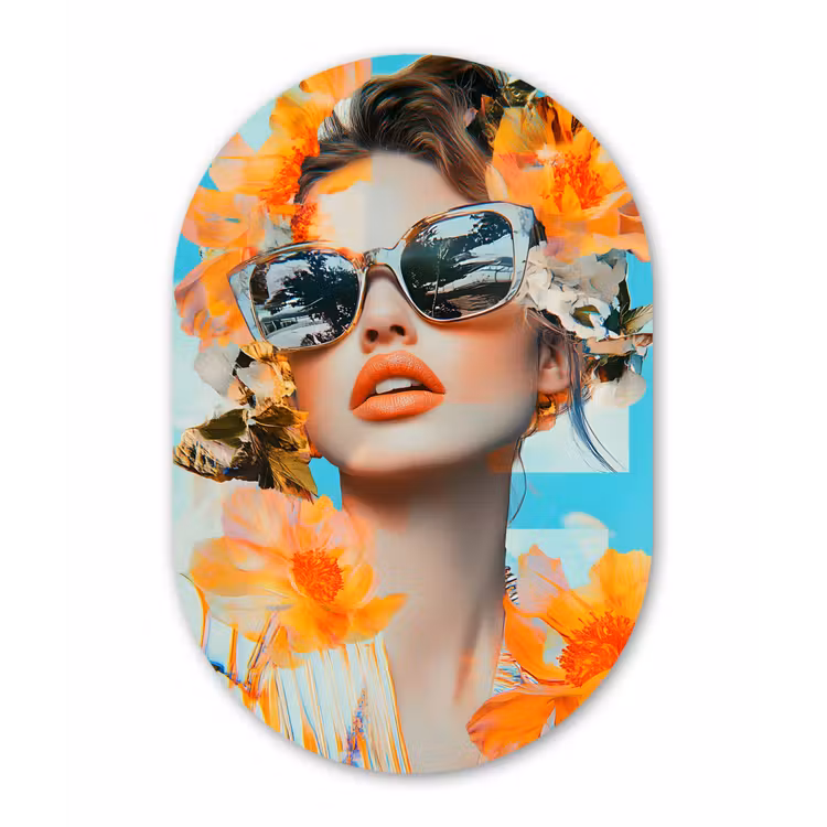 Bloemen - Vrouw - Zonnebril - Blauw Wandcirkel Ovaal Aluminium middel -3d